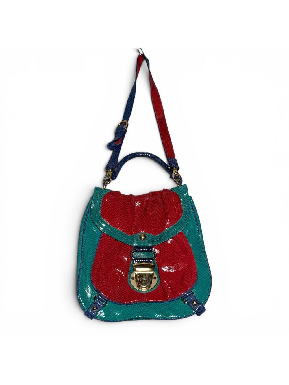 Vintage Colorblock Leather Satchel Crossbody Bag Red Teal Blue